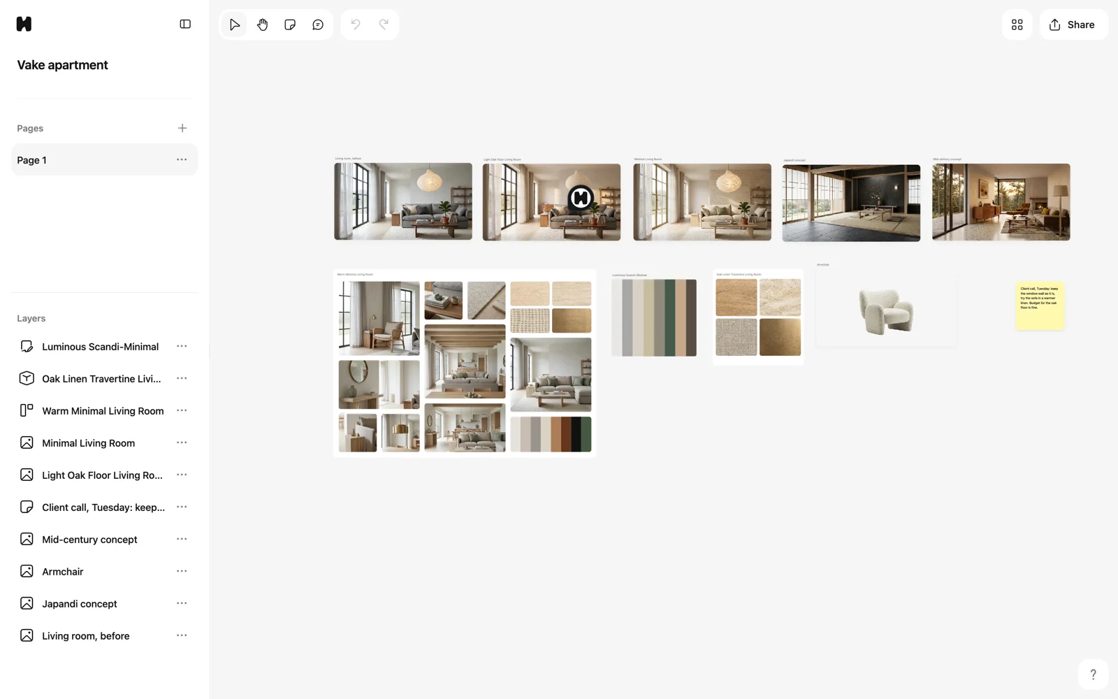 An artboard, color palette, materials board and moodboard arranged on the canvas