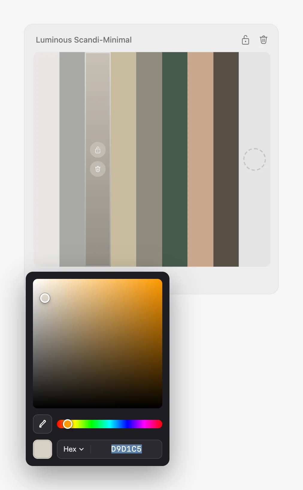 Color palette block with the picker open showing Hex, RGB, HSL and HSB formats