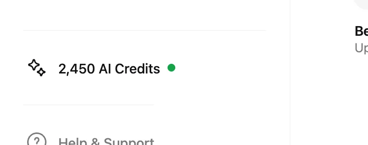 AI Credits balance pill in the dashboard sidebar