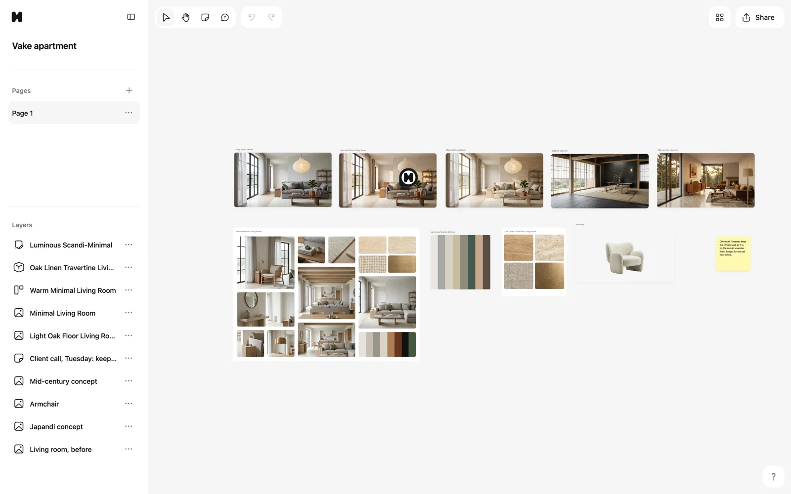 An infinite canvas with images, a moodboard and notes