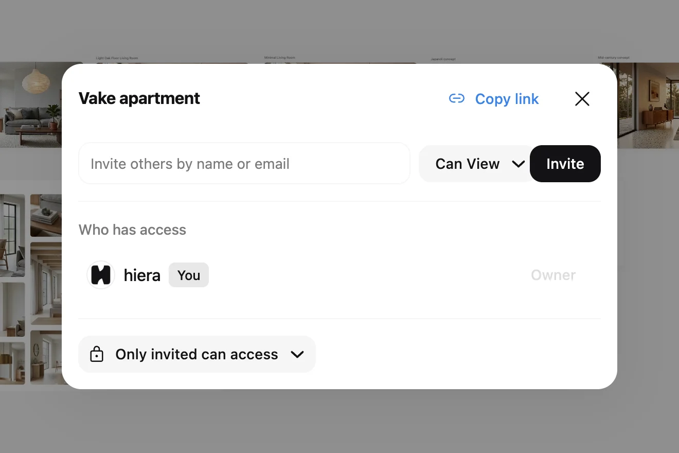 The share dialog with the public link access selector